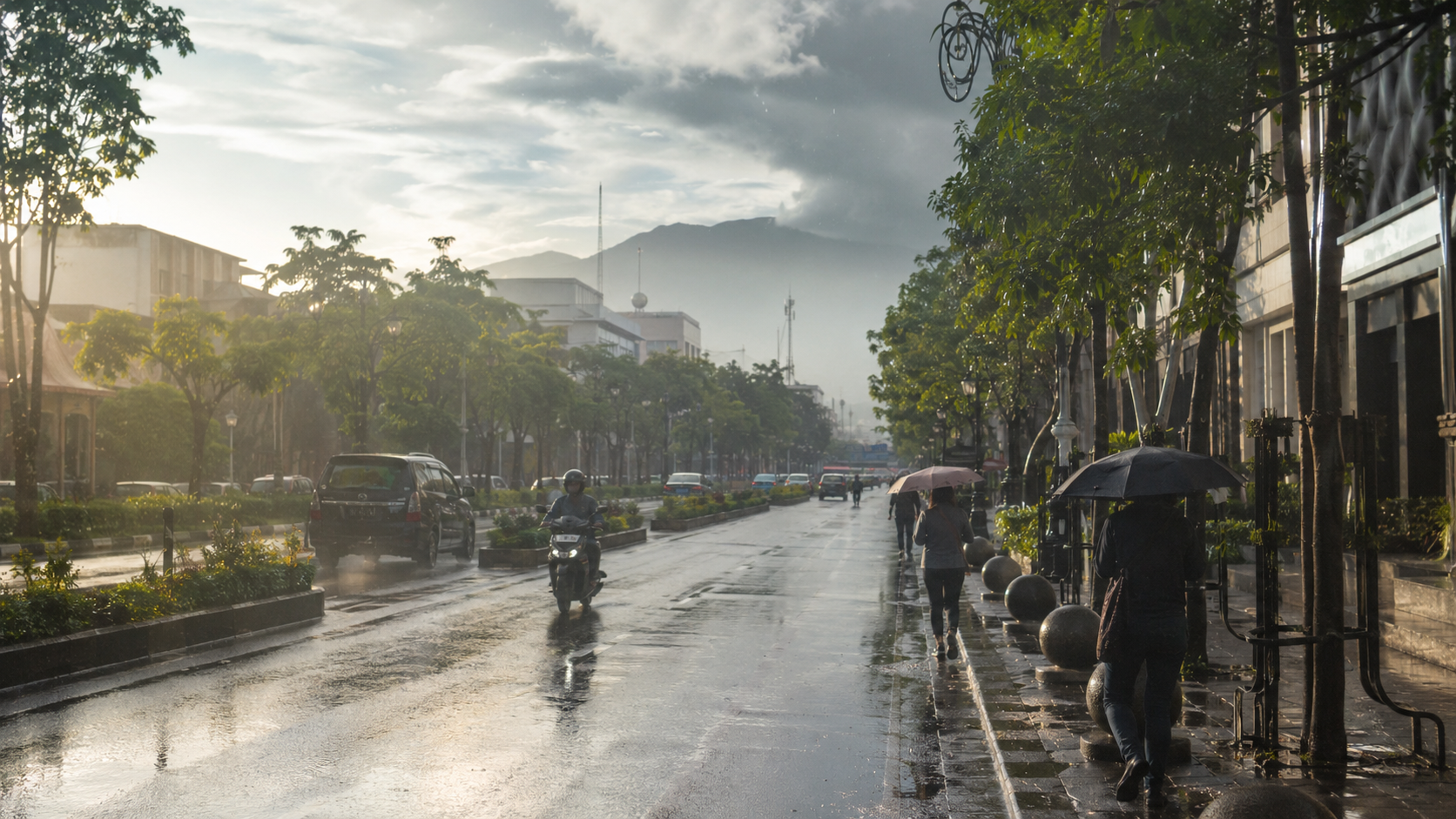 Ilustrasi hujan ringan di jalan Kota Bandung