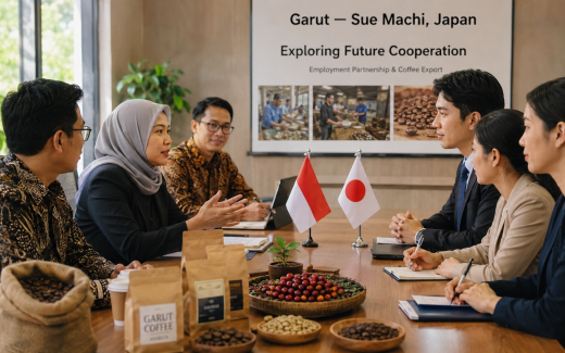 Ilustrasi pertemuan Garut dan Sue Machi membahas tenaga kerja serta ekspor kopi