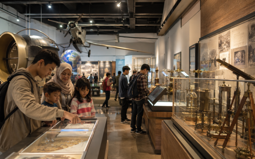 Ilustrasi pengunjung menikmati pameran sejarah dan inovasi di museum kampus Bandung