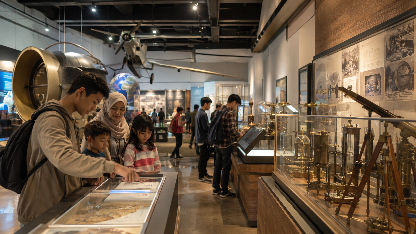 Ilustrasi pengunjung menikmati pameran sejarah dan inovasi di museum kampus Bandung