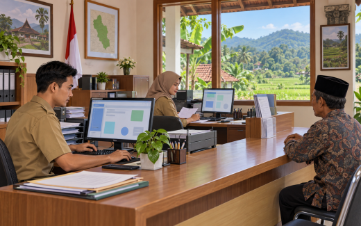 Ilustrasi AI aparatur desa melayani warga dengan komputer