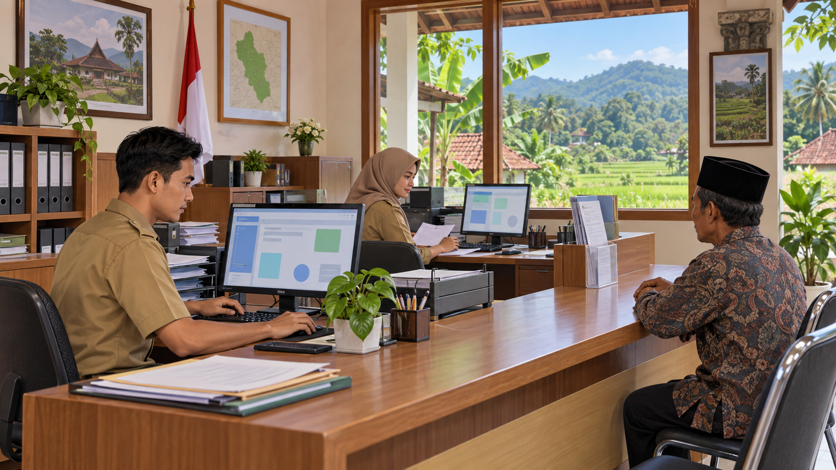 Ilustrasi AI aparatur desa melayani warga dengan komputer