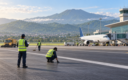 Ilustrasi AI petugas memeriksa landasan dan pesawat di bandara