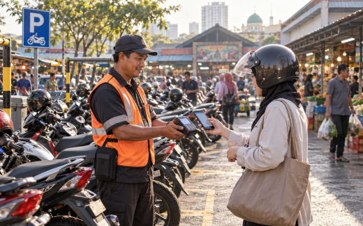 Ilustrasi AI pembayaran parkir digital di area pasar