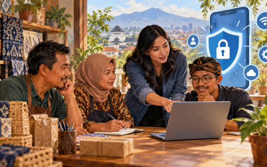 Ilustrasi AI pelaku UMKM mempelajari keamanan transaksi digital.