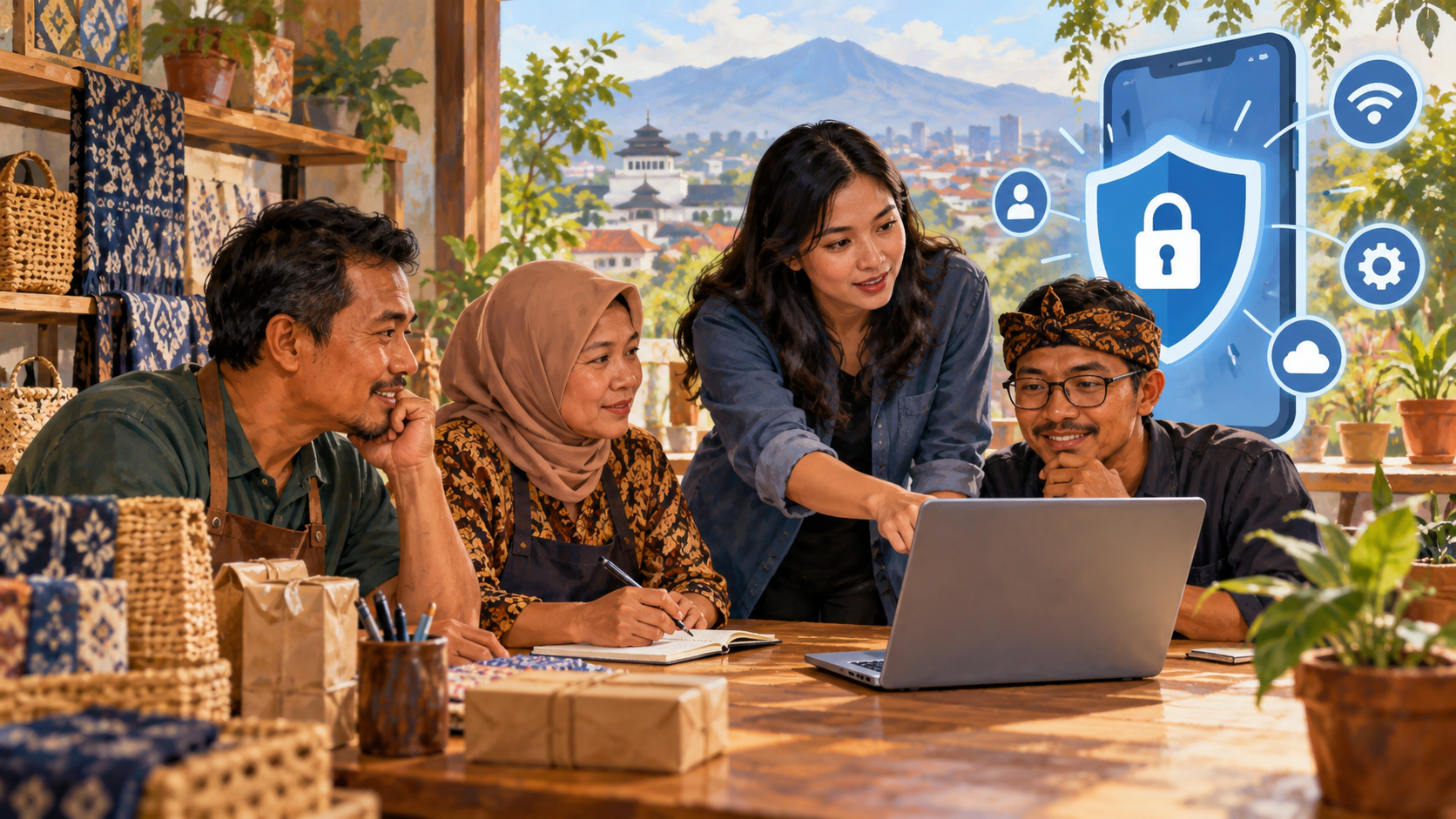 Ilustrasi AI pelaku UMKM mempelajari keamanan transaksi digital.