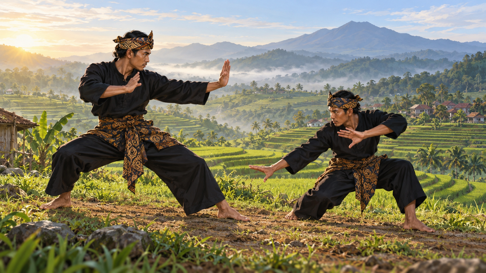 Ilustrasi AI dua pesilat berlatih di dekat persawahan terasering.