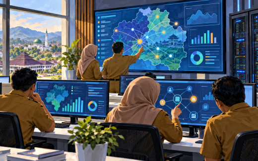 Ilustrasi AI aparatur pemerintah memeriksa sistem jaringan dan data digital.