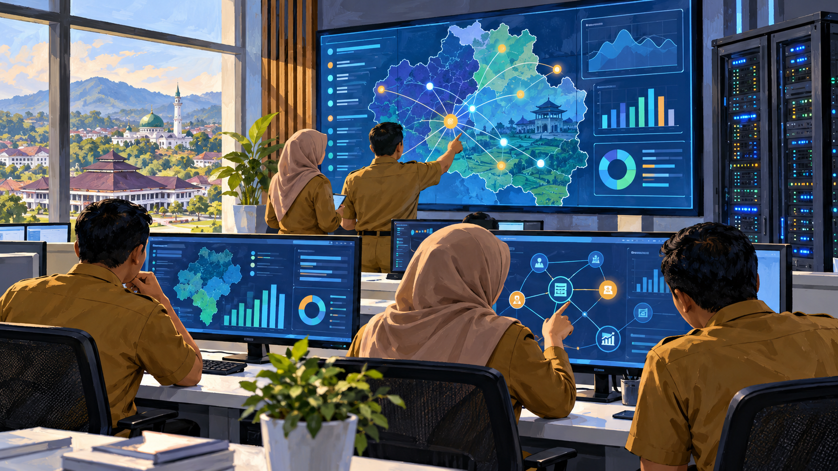 Ilustrasi AI aparatur pemerintah memeriksa sistem jaringan dan data digital.