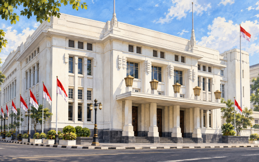 Ilustrasi AI bangunan Gedung Merdeka di Bandung dengan bendera Indonesia.