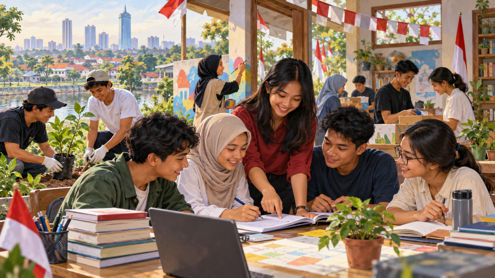 Ilustrasi AI generasi muda belajar dan bergotong royong dalam kegiatan sosial.