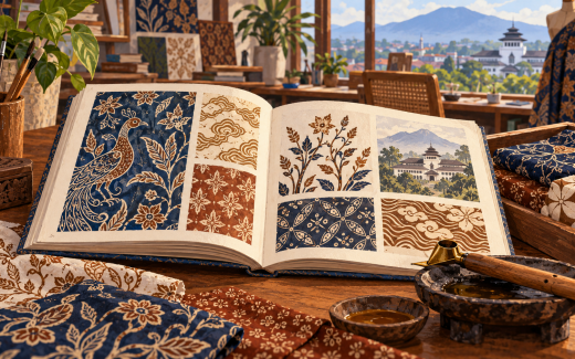 Ilustrasi AI buku ragam motif batik dan alat membatik.