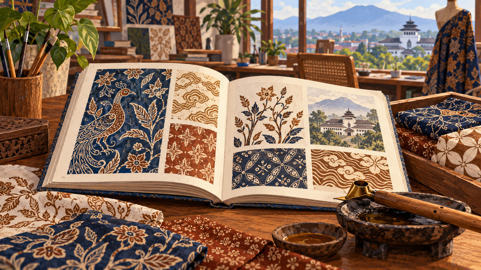 Ilustrasi AI buku ragam motif batik dan alat membatik.
