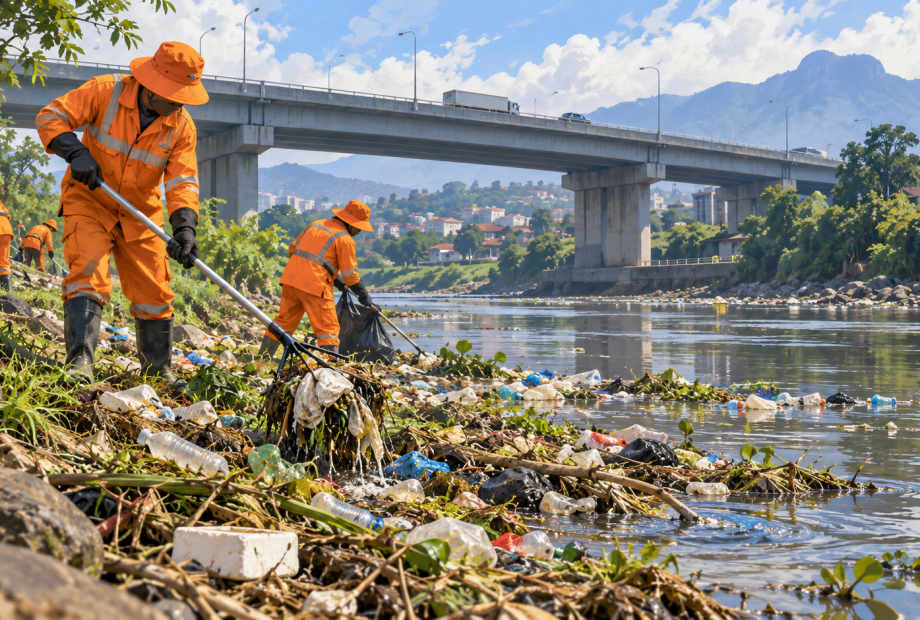 Ilustrasi AI petugas kebersihan mengumpulkan sampah di tepi sungai dekat jembatan jalan raya.