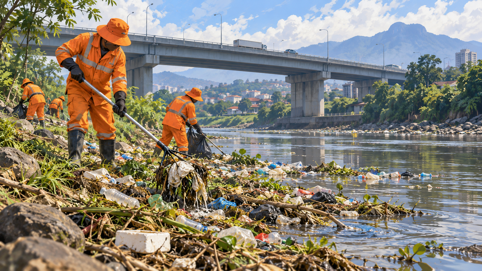 Ilustrasi AI petugas kebersihan mengumpulkan sampah di tepi sungai dekat jembatan jalan raya.