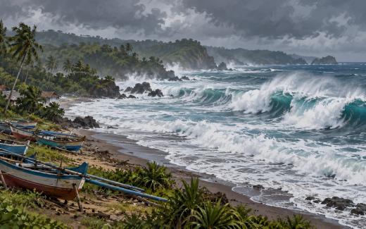 Ilustrasi AI gelombang tinggi di pantai selatan Jawa Barat.