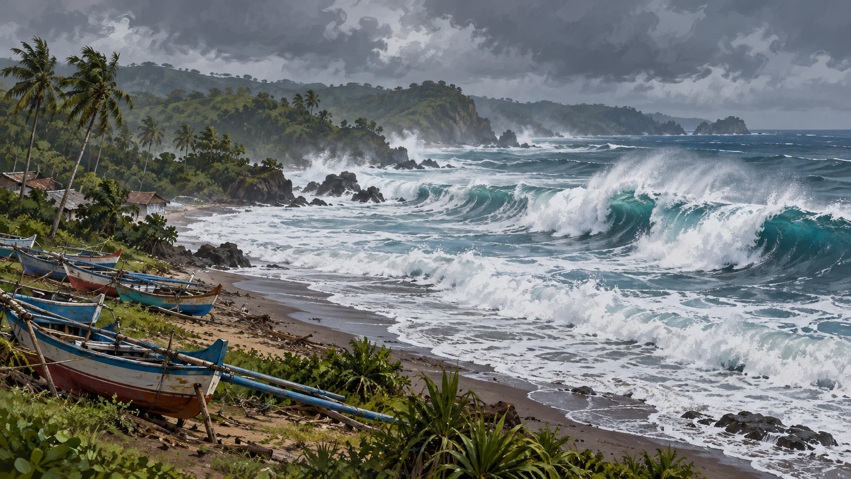 Ilustrasi AI gelombang tinggi di pantai selatan Jawa Barat.