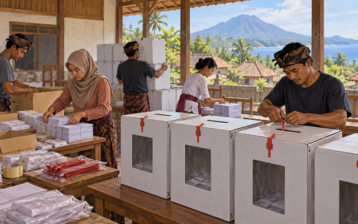 Ilustrasi AI penyiapan kotak suara dan logistik pemilihan kepala desa.