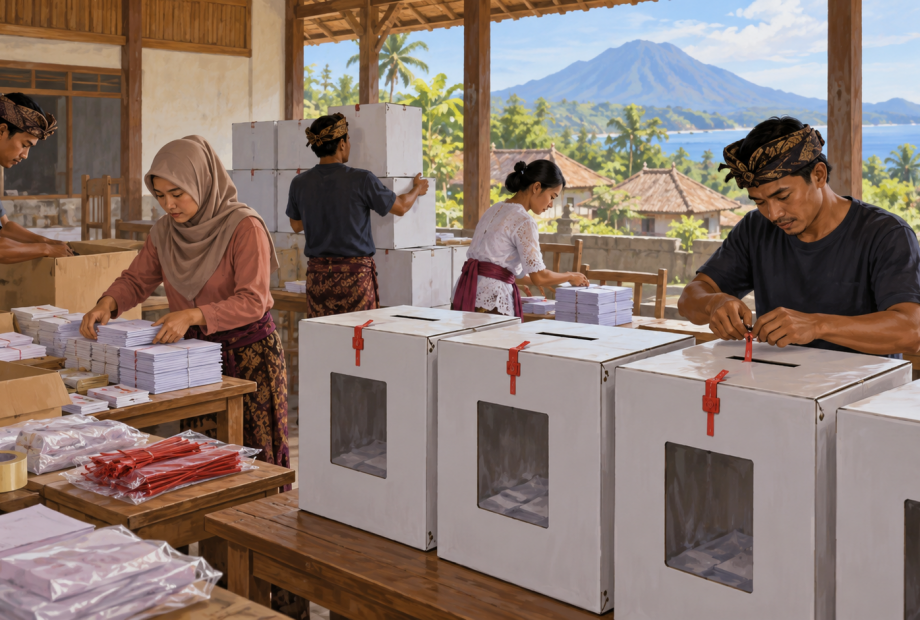 Ilustrasi AI penyiapan kotak suara dan logistik pemilihan kepala desa.