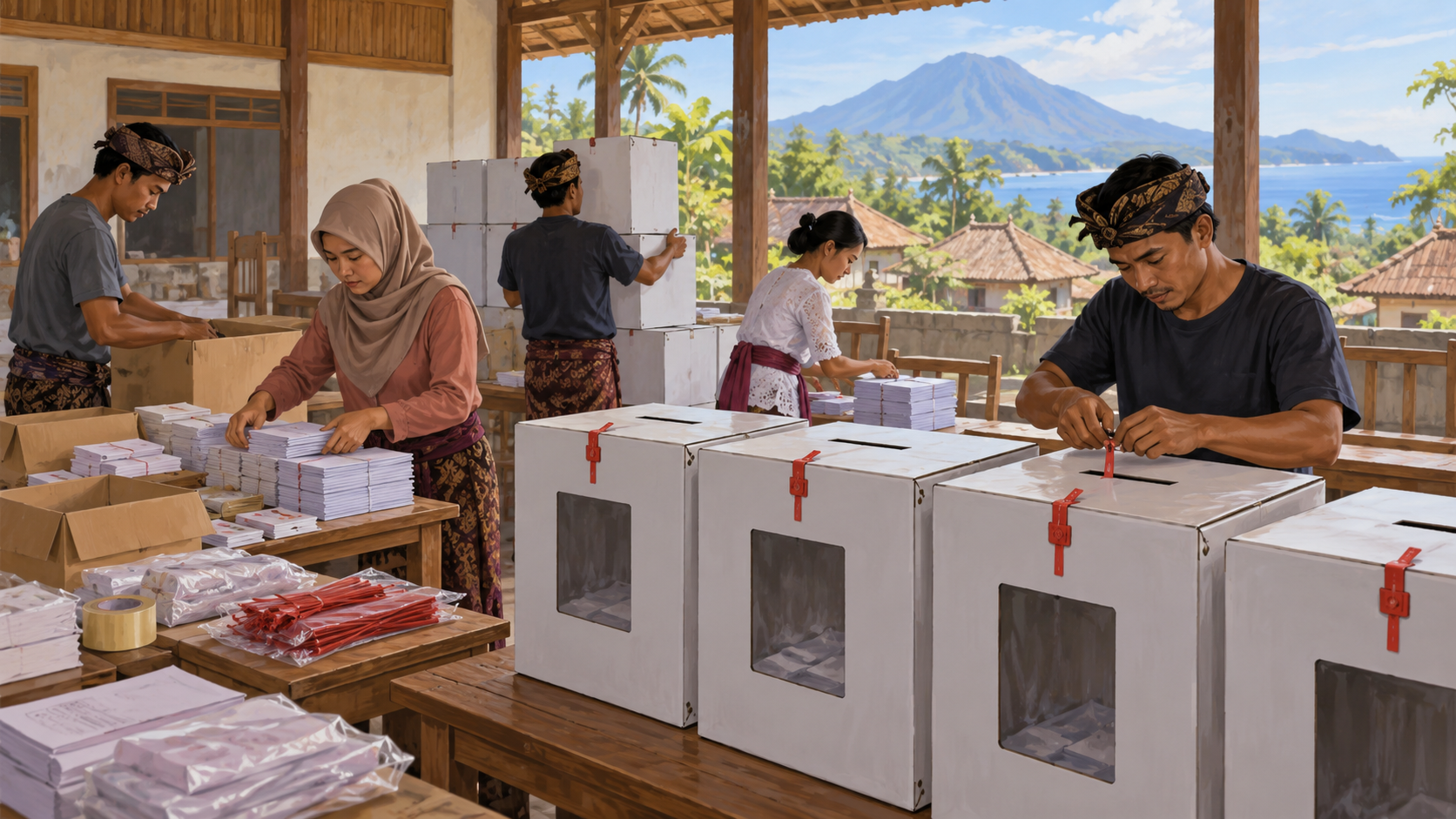 Ilustrasi AI penyiapan kotak suara dan logistik pemilihan kepala desa.