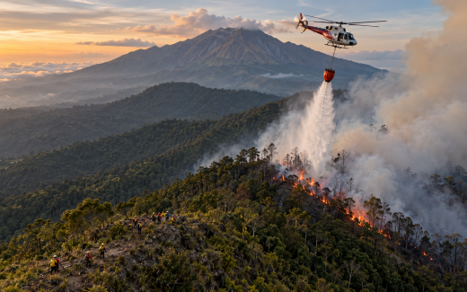 Ilustrasi helikopter melakukan water bombing untuk memadamkan karhutla Gunung Ciremai