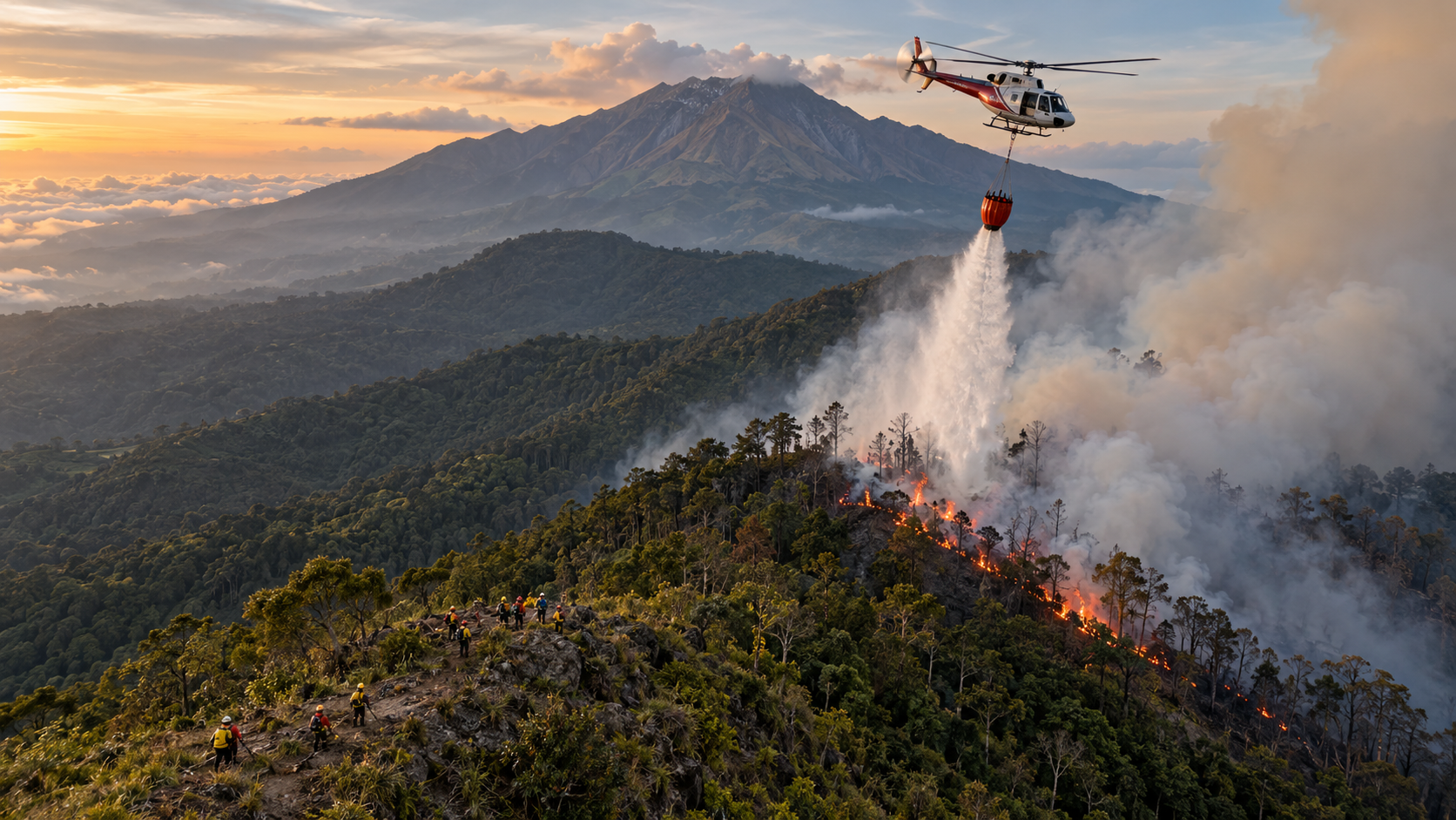 Ilustrasi helikopter melakukan water bombing untuk memadamkan karhutla Gunung Ciremai