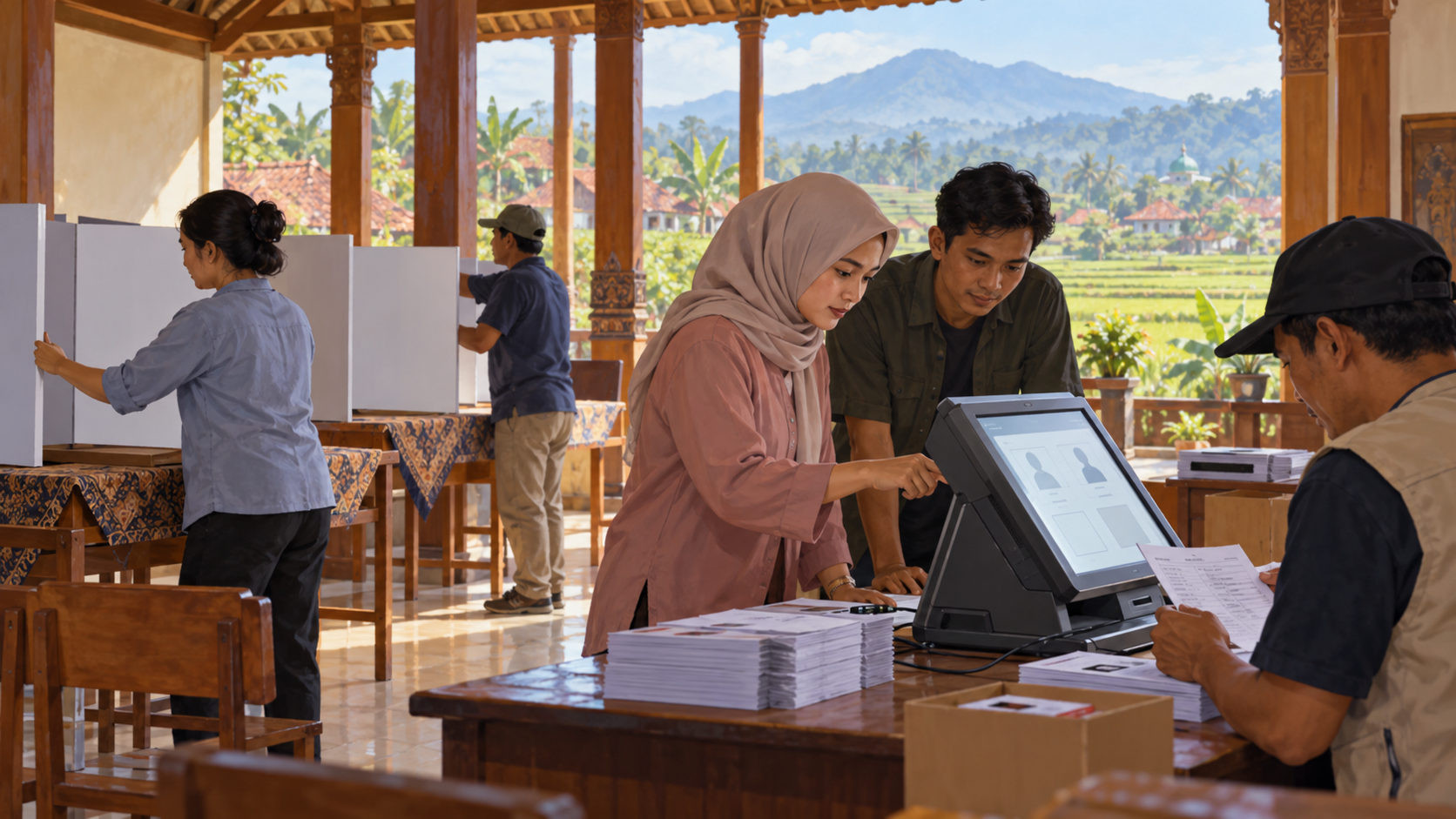 Ilustrasi AI persiapan pemilihan kepala desa dengan perangkat pemungutan suara digital.