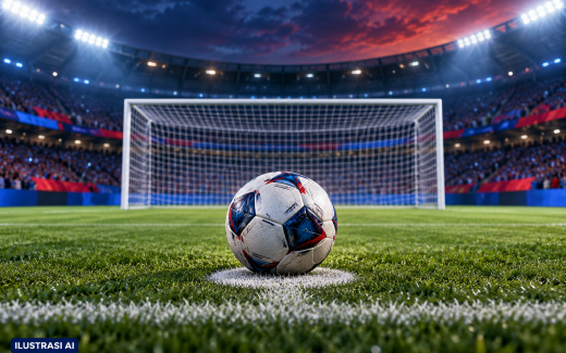 Ilustrasi AI: bola di titik penalti menghadap gawang stadion