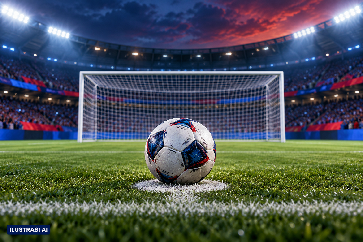 Ilustrasi AI: bola di titik penalti menghadap gawang stadion