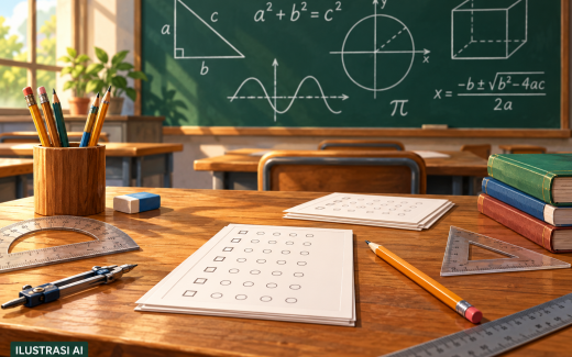 Ilustrasi AI: alat tulis, lembar jawaban, dan papan matematika di kelas