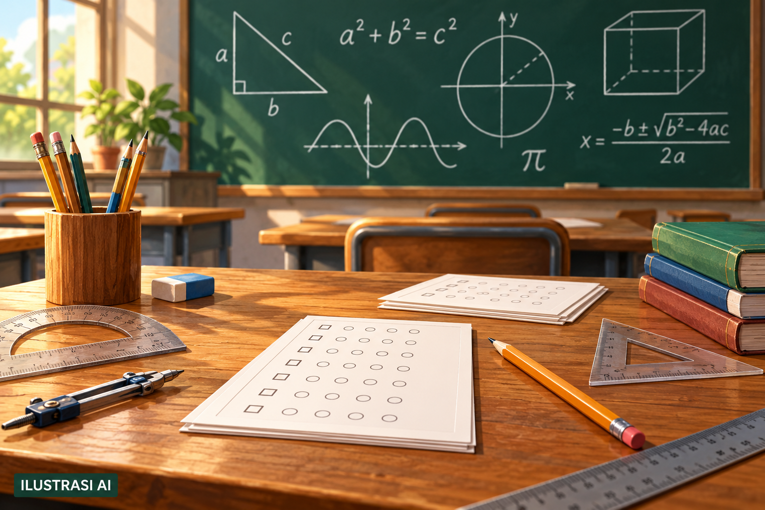 Ilustrasi AI: alat tulis, lembar jawaban, dan papan matematika di kelas