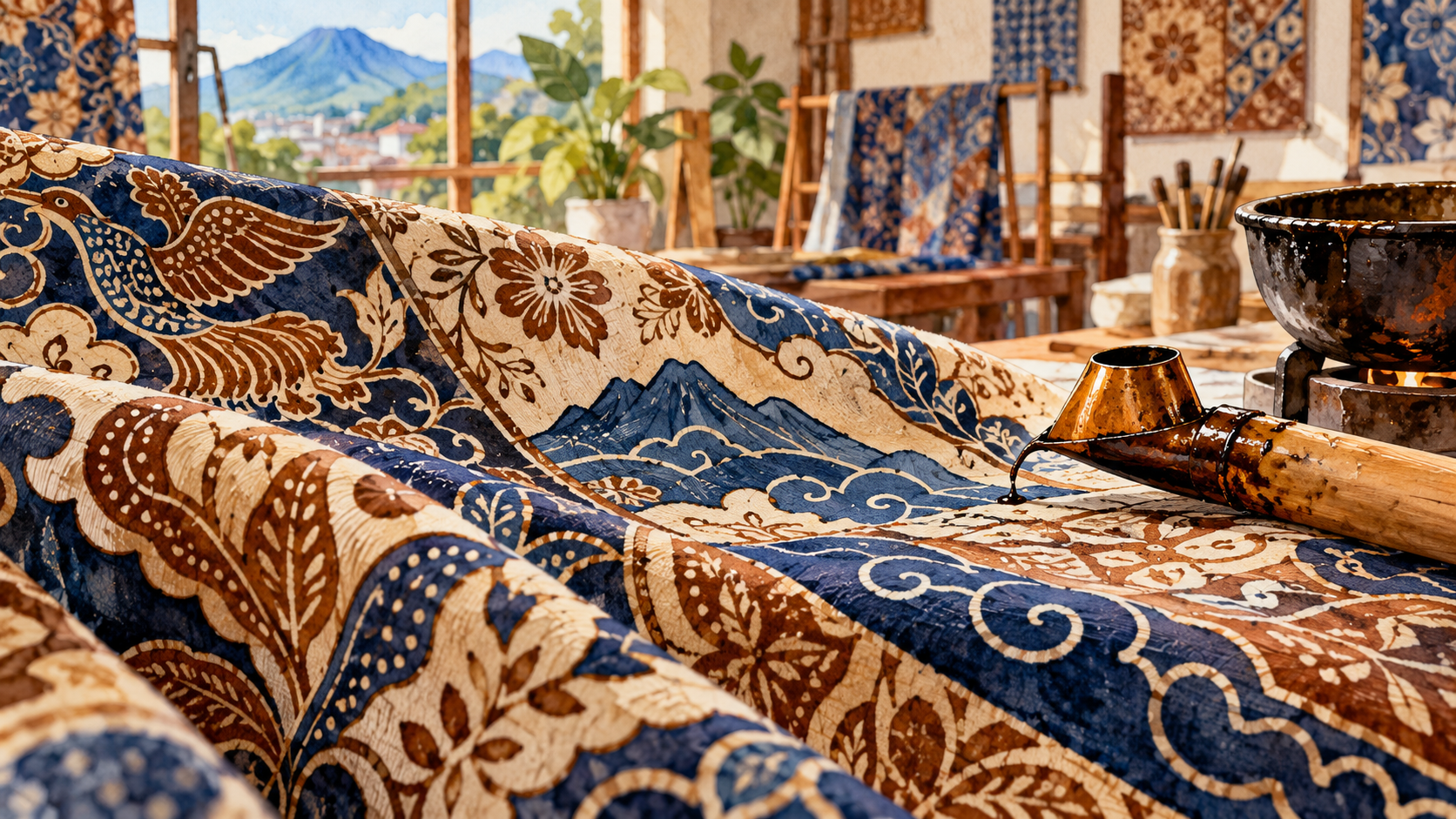 Ilustrasi AI kain batik dan canting untuk berita Duta Batik Jawa Barat.