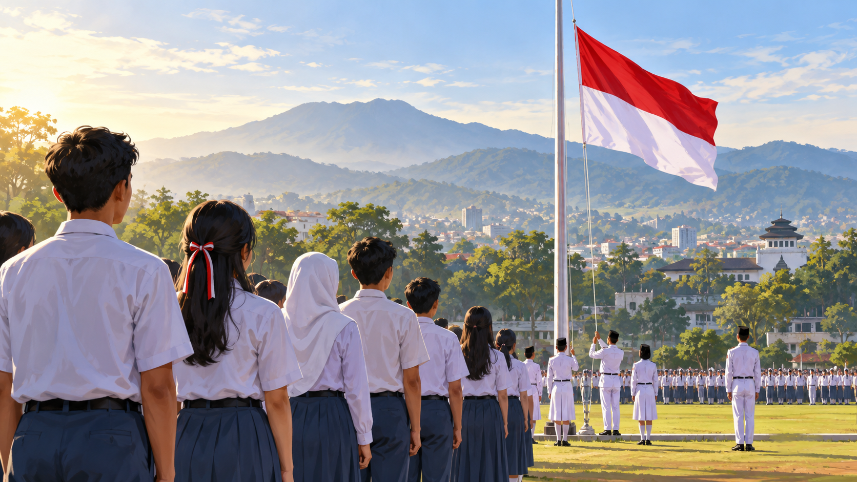 Ilustrasi AI pemuda mengikuti upacara bendera Merah Putih dalam semangat Sumpah Pemuda di Bandung.