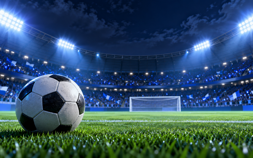 Ilustrasi AI bola sepak di lapangan stadion pada malam hari.
