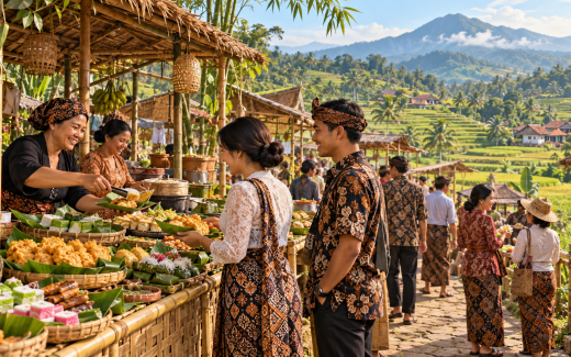Ilustrasi AI pasar kuliner tradisional Sunda dengan saung bambu di tepi sawah terasering.