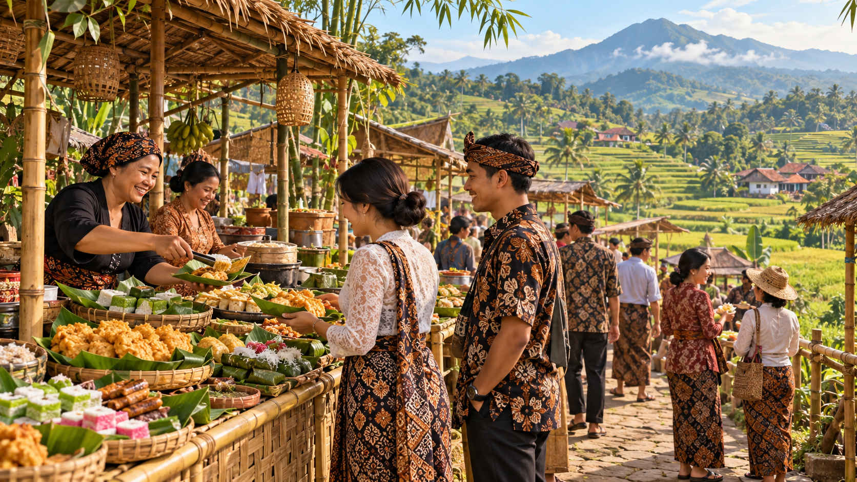 Ilustrasi AI pasar kuliner tradisional Sunda dengan saung bambu di tepi sawah terasering.