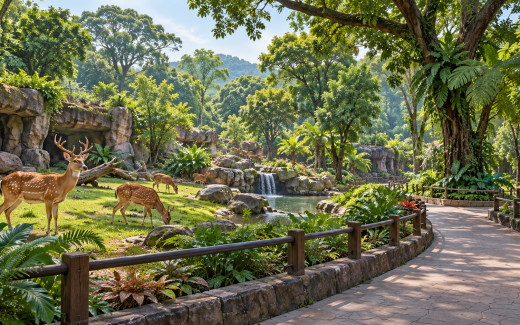 Ilustrasi AI habitat rusa di kebun binatang yang hijau.
