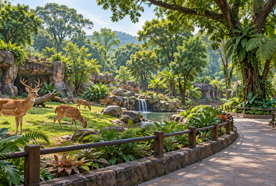 Ilustrasi AI habitat rusa di kebun binatang yang hijau.