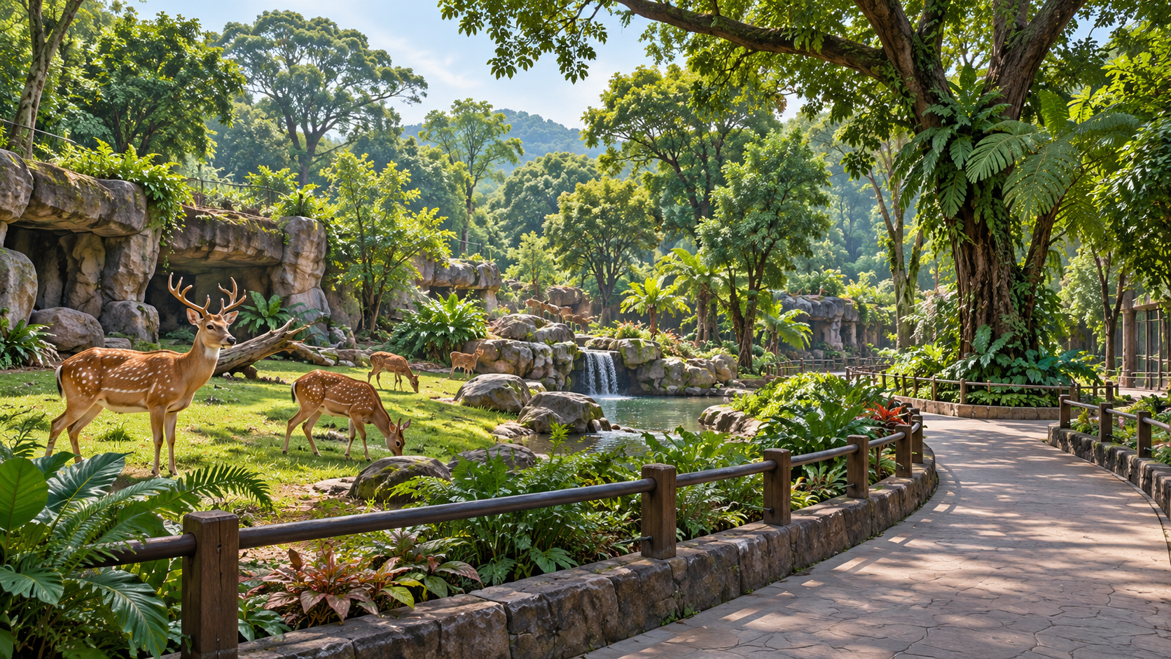 Ilustrasi AI habitat rusa di kebun binatang yang hijau.