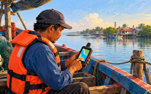 Ilustrasi AI nelayan berpelampung mempelajari perangkat GPS di perahu yang tertambat.