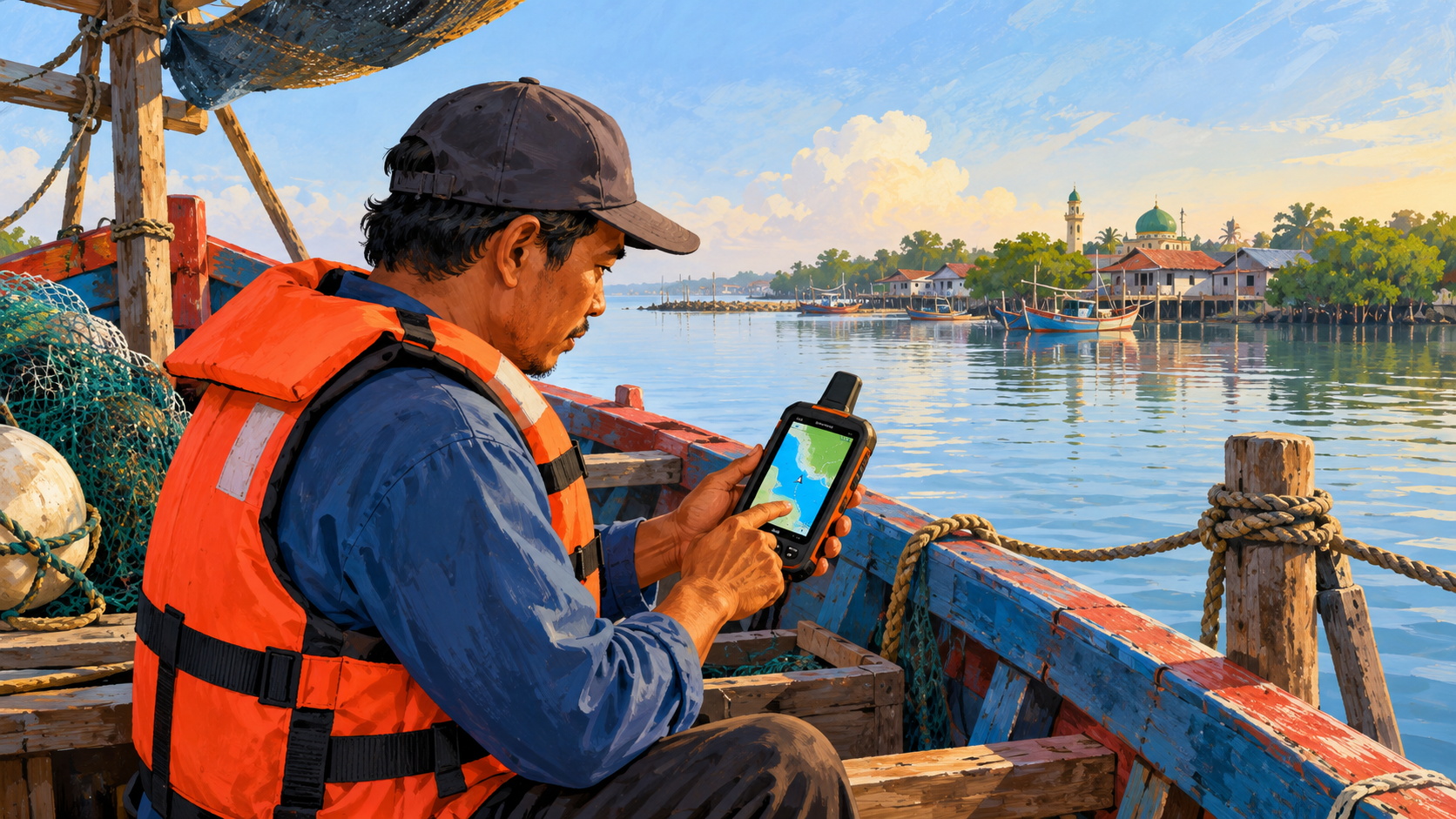 Ilustrasi AI nelayan berpelampung mempelajari perangkat GPS di perahu yang tertambat.