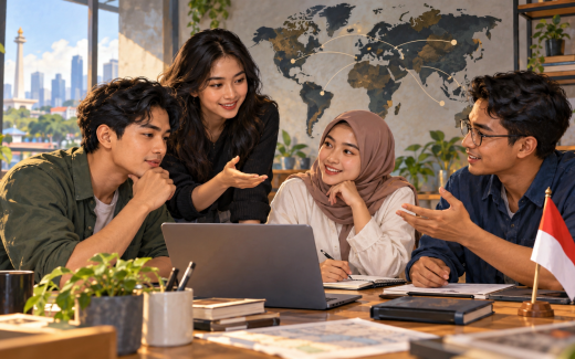Ilustrasi AI anak muda Indonesia berdiskusi tentang pendidikan dan peluang karier global.