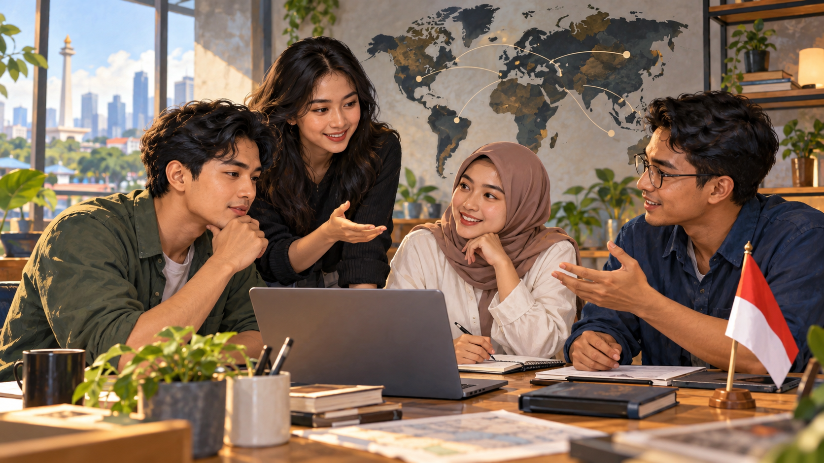 Ilustrasi AI anak muda Indonesia berdiskusi tentang pendidikan dan peluang karier global.