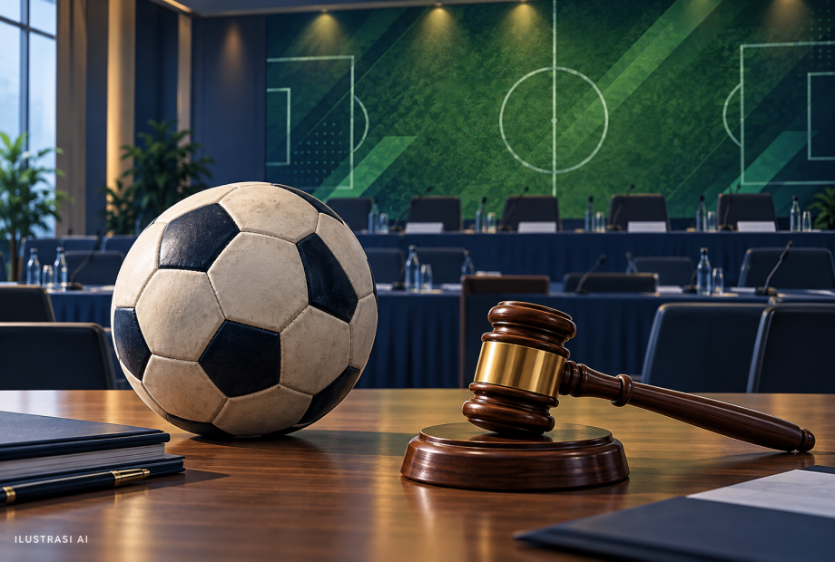 Ilustrasi AI bola dan palu sidang untuk berita pemilihan Ketua PSSI Jawa Barat