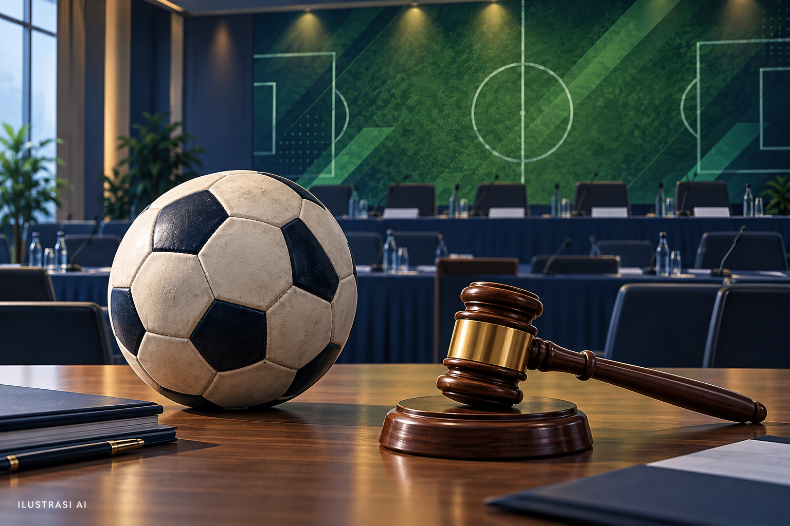 Ilustrasi AI bola dan palu sidang untuk berita pemilihan Ketua PSSI Jawa Barat