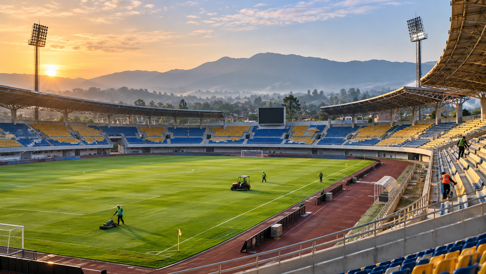 Ilustrasi petugas menyiapkan Stadion Si Jalak Harupat untuk laga kandang Persib