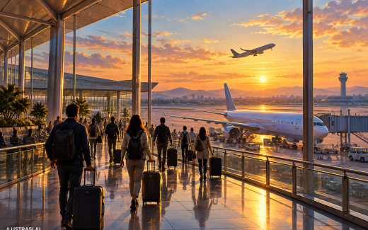 Ilustrasi AI terminal bandara dan aktivitas penerbangan