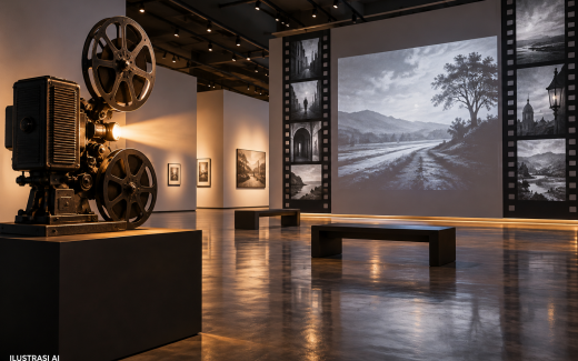 Ilustrasi AI proyektor film dan ruang pameran seni sinema