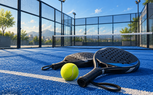 Ilustrasi AI raket padel dan bola di lapangan padel
