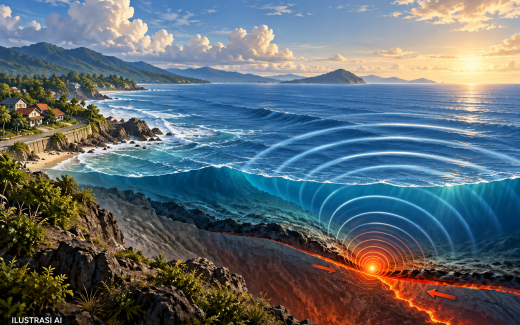 Ilustrasi AI konsep gempa laut dan kesiapsiagaan pesisir